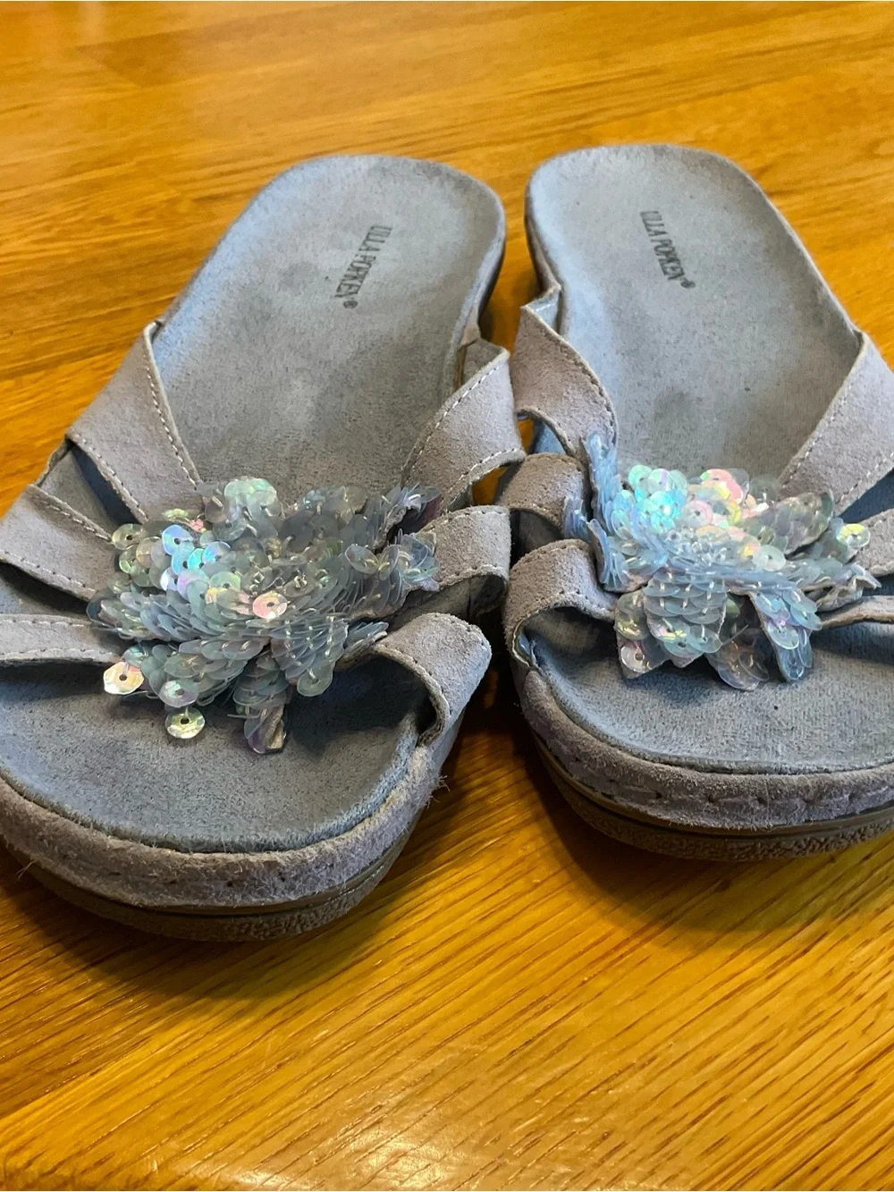 Ulla Popken Suede Slide Sandal Size 9 sequin floral embellishment Comfort